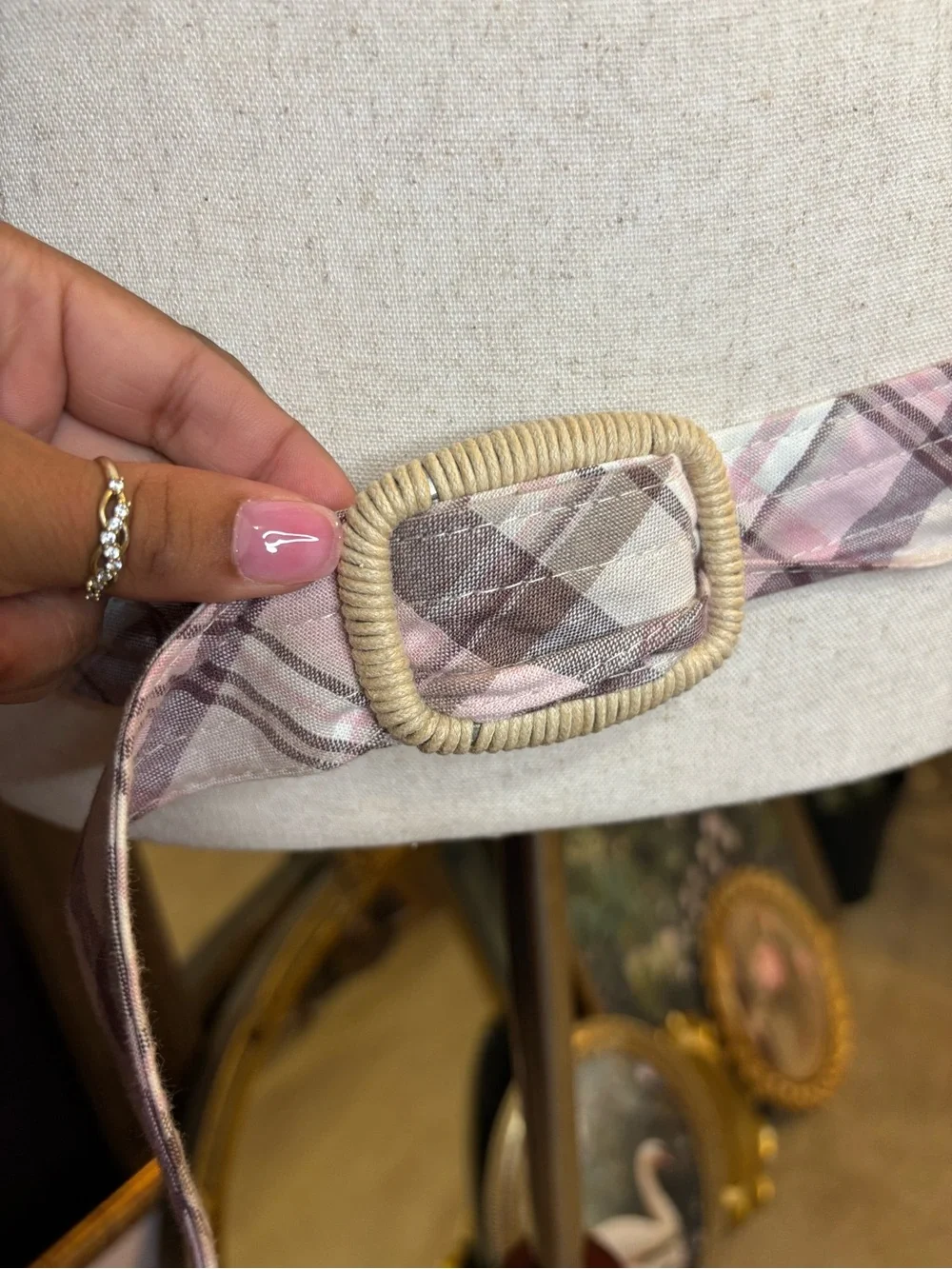 Plaid Pink Fabric Waist Belt with Rope Buckle